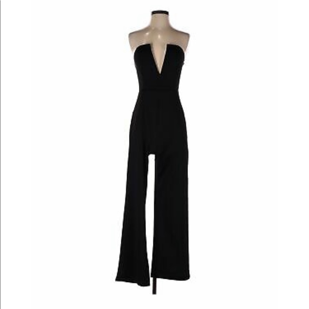 Strapless deep v black jumpsuit